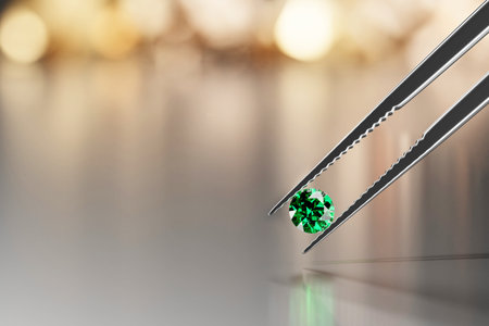 Green emerald crystal diamond and tweezers on a glossy background with objects soft focusing 3d renderingの写真素材
