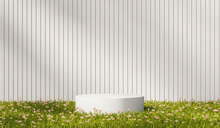 3D rendering platform podium with grass plant product presentation backgroundの写真素材