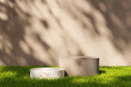 3D rendering platform podium with grass plant product presentation backgroundの写真素材