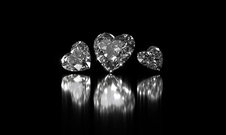 Heart shape diamonds group placed on glossy background 3d Renderingの写真素材