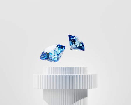 Abstract sapphire blue diamonds gem placed on white pedestal background 3d renderingの写真素材