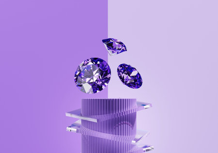 Abstract purple diamond gem placed on purple pedestal background 3d renderの写真素材