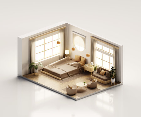 Isometric view bed room open inside interior architecture 3d rendering digital artの写真素材
