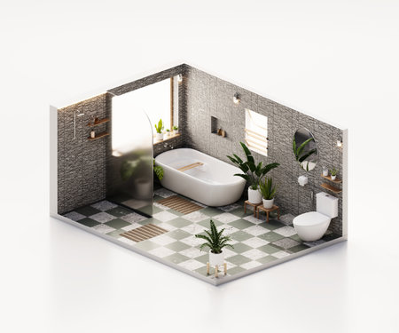 Isometric view bathroom open inside interior architecture 3d renderingの写真素材