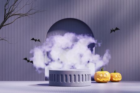 Halloween pumpkin lantern and product display podium 3D renderingの写真素材