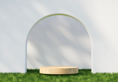 3D rendering platform podium with grass plant product presentation backgroundの写真素材