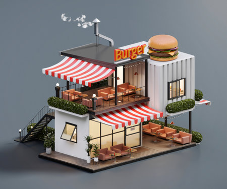 Isometric view minimal burger restaurant container store exterior architecture, 3d rendering digital art.の写真素材