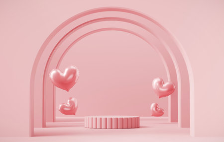 Pink podium with heart and decoration for product display 3d rendering without AI generatedの写真素材
