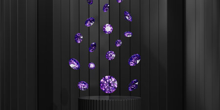 Amethyst purple gemstone diamonds falling on black background 3d renderingの写真素材