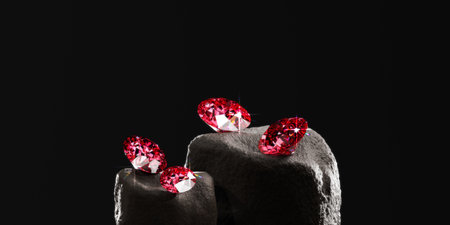 Red Ruby Gem Diamond group placed on stone platform background 3d renderingの写真素材