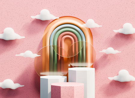 Podium Minimal For Product Display Showcase with Cloud and Colorful Arc Pink Background 3D Renderingの写真素材