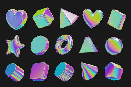 Holographic random element object set pack isolated background 3d rendering