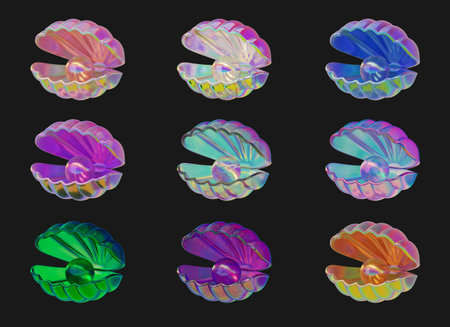 Seashell pearl glossy holographic solid collection isolated background 3d rendering