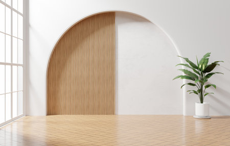 White wall and wood empty space background with plant for architecture showing space 3d renderingの写真素材