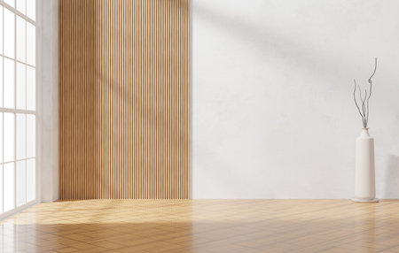 Wood and white wall empty space background with window light for architecture showing space 3d renderingの写真素材
