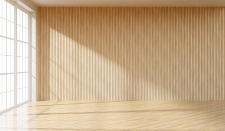 Wooden wall empty space background with window light for architecture showing space 3d renderingの写真素材