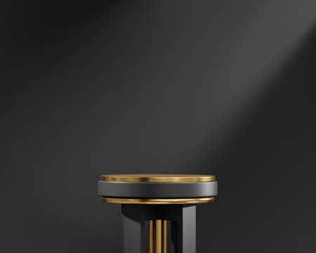 Round Gold podium with dark background sun light dropping for product showing 3d renderingの写真素材