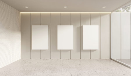 Minimalist Gallery Room Interior with Tree Canvas Poster Mockup and Natural Sunlight 3D Render
