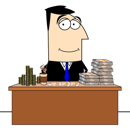 A cartoon of a businessman with money in front of him.の写真素材