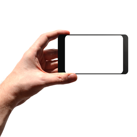 Hand holding smartphone, white backgroundの写真素材