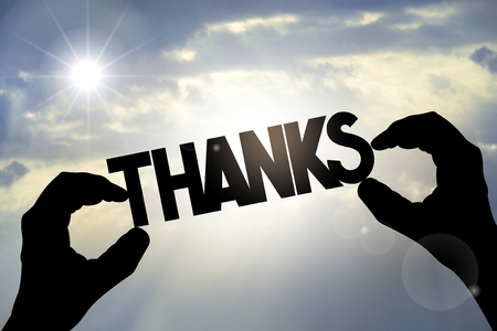 Thanks concept - hands, text, skyの写真素材