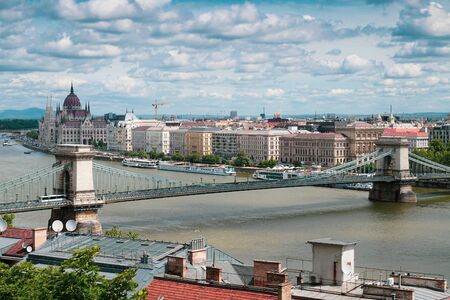 Hungary, Budapest - May 21, 2019: Parliament in Budapest, Chain bridge, Danube riverのeditorial素材