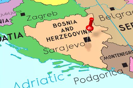 Bosnia and Herzegovina, Sarajevo - capital city, pinned on political mapの写真素材