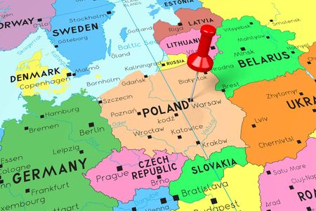 Poland, Warsaw - capital city, pinned on political mapの写真素材
