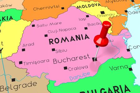 Romania, Bucharest - capital city, pinned on political mapの写真素材