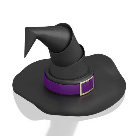 3D black witch hat with violet ribbon - isolated on white backgroundの写真素材