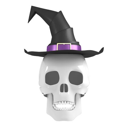 3D skull wearing witch hat - isolated on white backgroundの写真素材