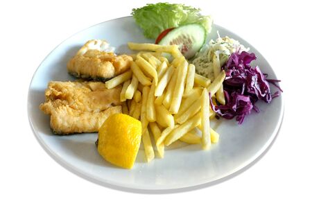 Fried fish - cod, salad and french fries on plate
