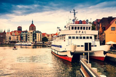 Gdansk, Pomeranian/ Poland - August 21, 2019: Old town, harbour, Motlawa Riverのeditorial素材