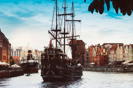 Gdansk, Pomeranian/ Poland - August 21, 2019: Old town, harbour, Motlawa River