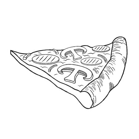 Pizza (ham, mushroom) - black and white illustration/ drawingのイラスト素材