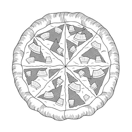 Hawaiian pizza (pineapple, ham) - black and white illustration/ drawingのイラスト素材