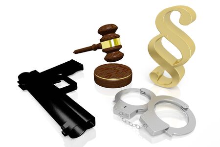 3D law concept - handcuffs, gun, gavel, paragraph signの写真素材