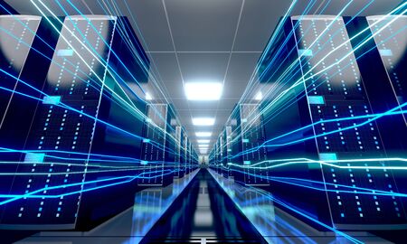 3D server room/ data center - storage, hosting, fast Internet concept