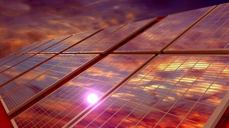 Solar panels installed on a roof, sunset sky. 3D renderingの写真素材