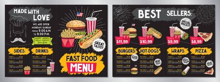 Fast food restaurant menu template (burgers, hot-dogs, tortilla wraps, pizza, fries, drinks, sets) - 2 x A4 (210x297 mm) cardのイラスト素材