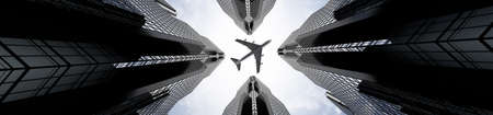 Airplane plying in business district area, skyscrapers - 3D illustration