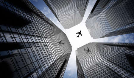 Airplane plying in business district area, skyscrapers - 3D illustrationの写真素材
