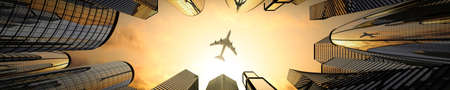 Airplane plying in business district area, skyscrapers - 3D illustration