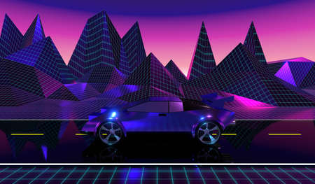 3D violet and pink retro, futuristic 80's design - car on a road