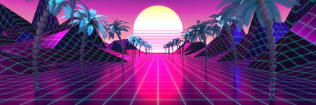 3D violet and pink retro, futuristic 80's design - sun, mountains and palm treesの写真素材