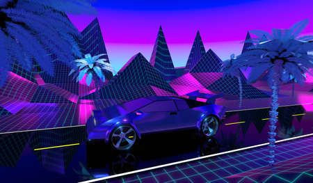 3D violet and blue retro, futuristic 80's design - car on a road