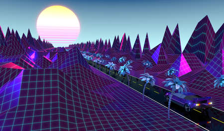 3D violet and pink retro, futuristic 80's design - car on a road