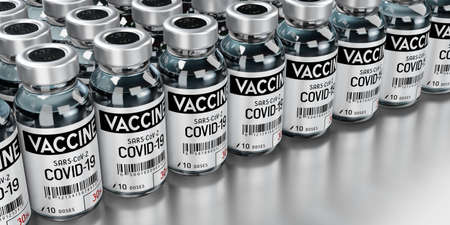 Two covid-19 / SARS-CoV-2 / coronavirus vaccine ampoules isolated on grey background - 3D illustrationの写真素材