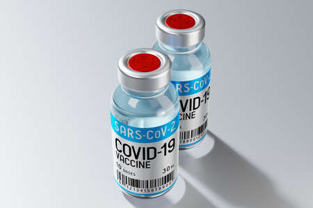 Two covid-19 / SARS-CoV-2 / coronavirus vaccine ampoules isolated on grey background - 3D illustrationの写真素材