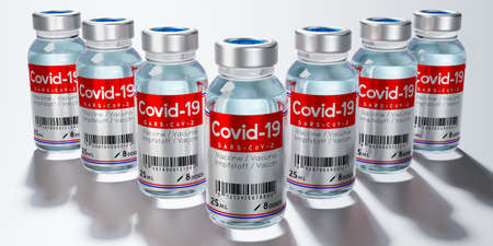 Two covid-19 / SARS-CoV-2 / coronavirus vaccine ampoules isolated on grey background - 3D...